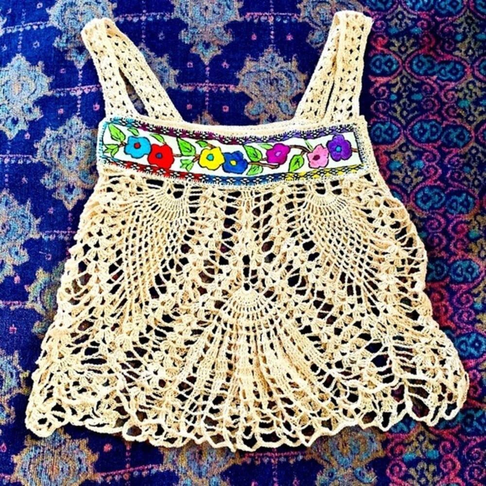 GIRLS' BOHO COTTAGECORE HANDMADE CROCHET TOP W/ FLORAL EMBROIDERY